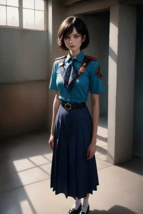 pretty young woman, smiling and standing  at park, she has black short hair, wearing turquoise short sleeves collared shirt, indigo-blue scout-kerchief, red shoulder boards, dark teal-blue pleated pencil long skirt, black belt with gold circle buckle, whit...