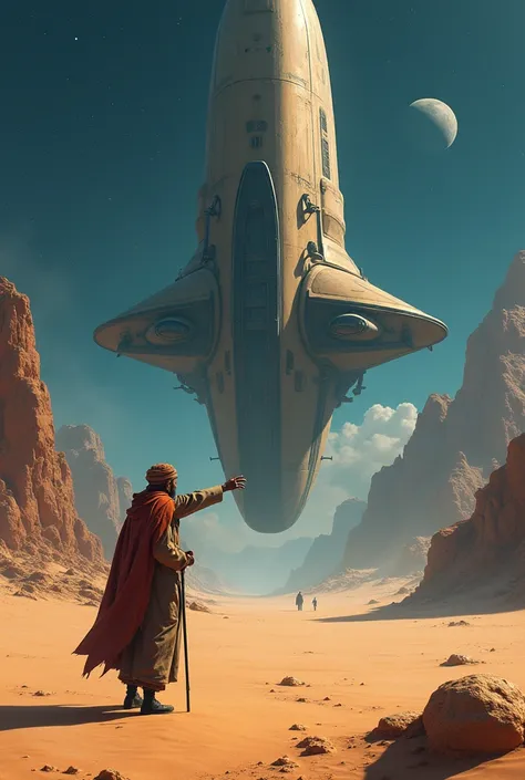 Desert with mountains, traveler with headscarf and staff. Giant spaceship close to him and he reaching out and touching the ship. The sky is starry and has the color of a blue that is beginning to darken.