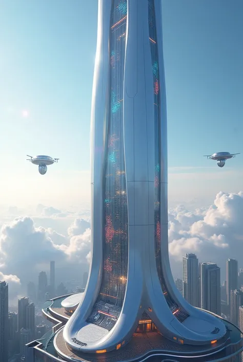 "Design an ultra-modern mega-skyscraper that reaches into the clouds, with an advanced and futuristic aesthetic. The building should feature sleek, aerodynamic curves and an expansive, towering structure made from cutting-edge materials like nanoglass and ...