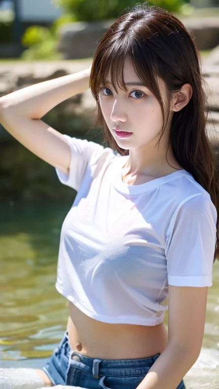 Angry girl in wet clothes, wet shirt 、 slim Japanese idol