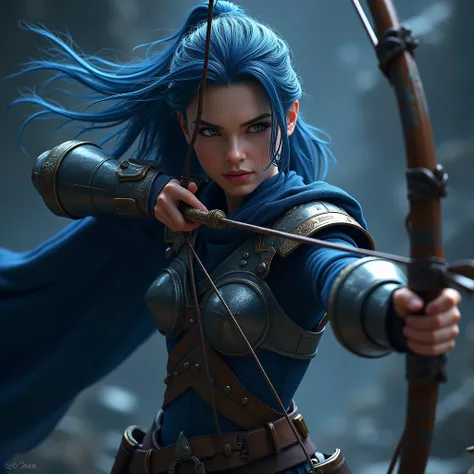 A **stunning female archer** in an **epic fantasy battle**, with **dark blue hair** flowing dynamically. She is depicted with **intricate details** and wears **highly detailed armor**. The scene is a **masterpiece**, rendered in **8k**, with a **photoreali...