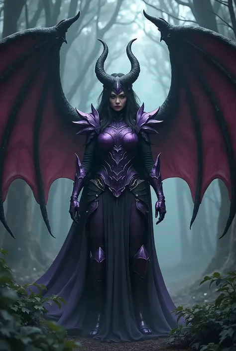 An Asian woman in a dark forest, wearing shiny purple and black armor, with a mask covering his mouth, showing his anger and desire for revenge, with huge demon wings on his back.