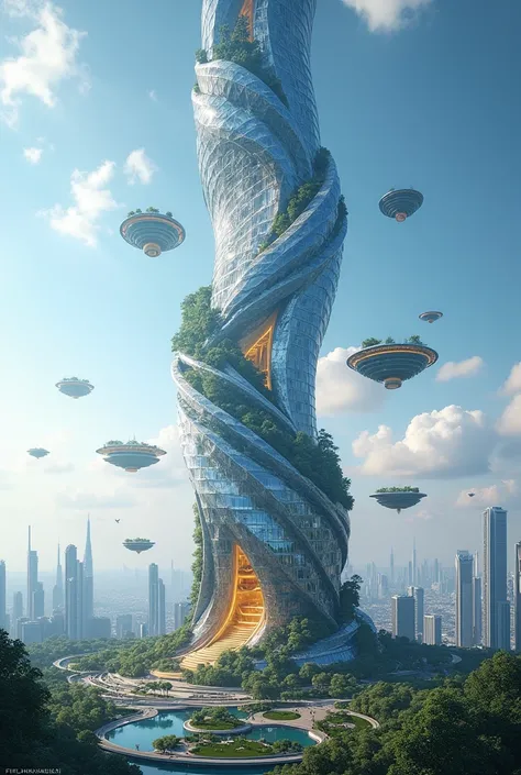 "Design a futuristic mega-skyscraper with a completely unconventional structure, blending organic shapes with advanced technology. The building should rise in a spiraling, twisting form, resembling a massive, flowing helix that defies gravity. Its surface ...