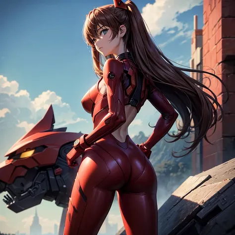 (masterpiece), Perfect face, 1 Girl, Solitary, Soryu Asuka Rangra, Interface Headset, wearing a Full red EVA pilots combat suit, high heels on her Feet, permanent, A giant creature appears in the background, Sufficient background lighting, outdoor, portrai...