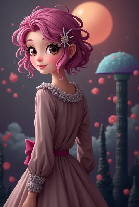 1 girl, fancy hairstyle pink hair, natural smile, background from the story of Alice in Wonderland, image filling, abstractionism,