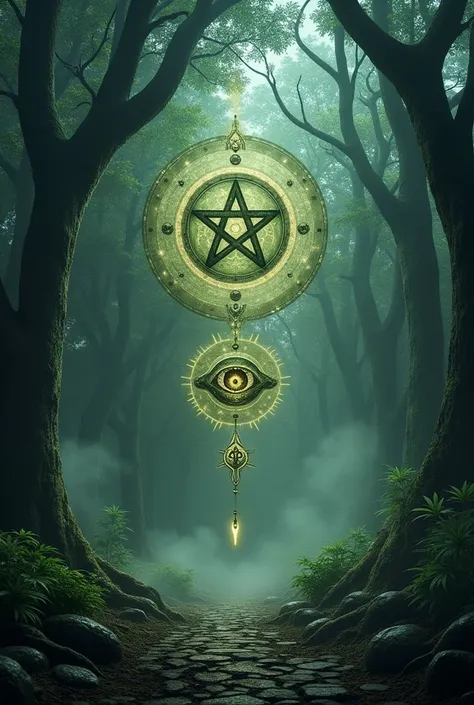 Generate an image, 8K quality, super HD, super detailed, Main themes: Illuminati, Pentagram,Marijuana,Symbols of good luck, a mystic. Background ghostly dark forest, illuminati and pentagram in center images,