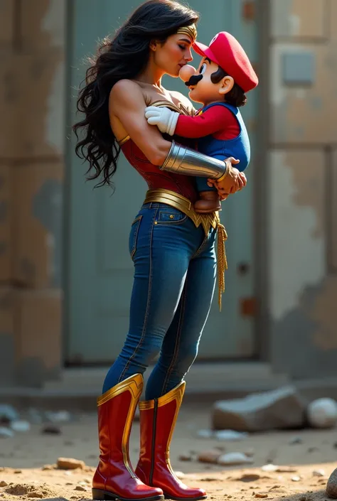 8k HD high quality image. Wonder woman is carrying and KISSING Mario from Super Mario. Mario is 4 times shorter and smaller than Wonder woman. Full body from head to toe. Wonder woman is wearing a tight skinny blue jeans and her original boots. Mario is we...