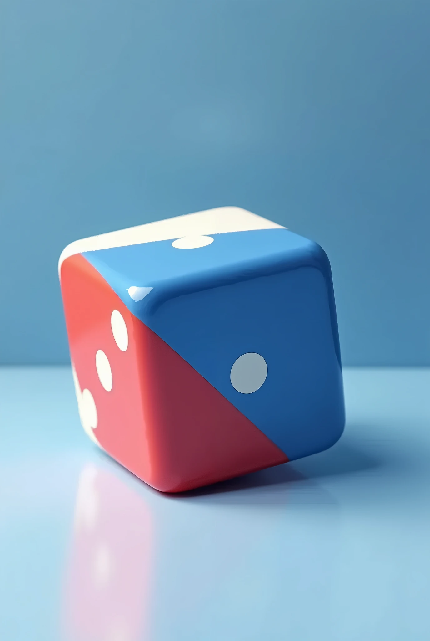 A dice with colors: blue, white and red (no points)
