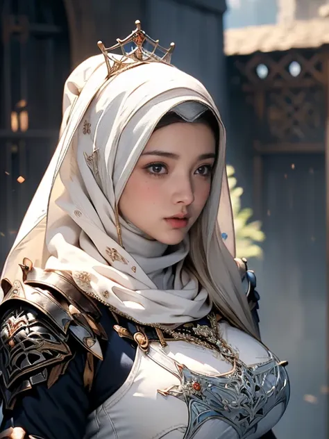 princess, ((((wearing the hijab)))), full armor with luxury pattern, crown luxury , blue eyes, blonde, around , (red and silver ...