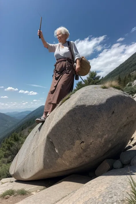 an old woman carrying a giant stone and climbing a mountain with it