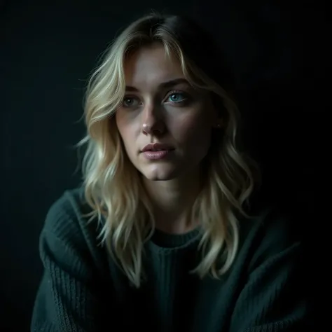 Scene Description: "A close-up portrait of a woman with soft, flowing blonde hair, wearing a textured dark green sweater. Her expression is calm, with a subtle sense of thoughtfulness, as she gazes off to the side. The lighting is dramatic yet soft, castin...