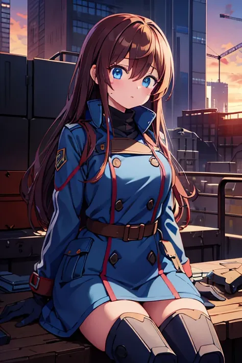 absurdres, highres, ultra detailed, 1 girl, long blue trenchcoat, construction site background, large round red goggles covering eyes, freckles, big brown gloves, long brown hair, sitting in a giant robot