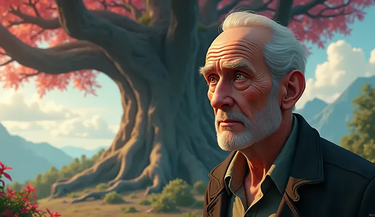 (16k, High resolution, Best Quality, Learn more, Accurate depiction:1.7), (Natural skin texture, Detailed skin, beautiful 肌, Ultra Sharpness, Highly detailed face), hombre de 70 años mirando de frente, en el fondo un gran arbol mágico, Pixar anime style