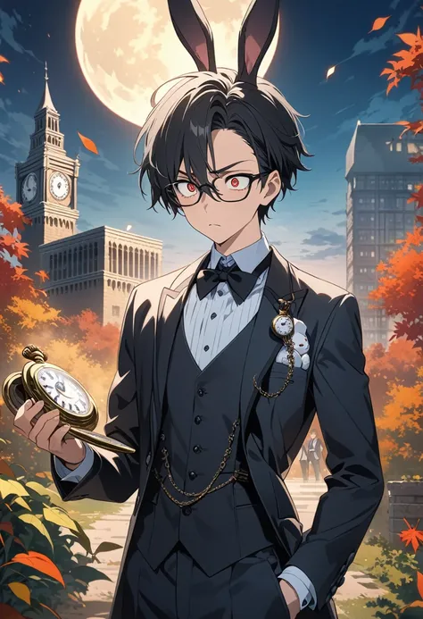 score up_9,score up_8,score up_7,source_anime,rating_safety,masterpiece,best quality,super fine illustration,hyper detailed,beautiful detailed,8k,front view,cowboy shot,break 1boy,20yo,Alone,glasses,(rabbit ears:1.2),black hair,pony tail,(sharp eyes:1.3),B...