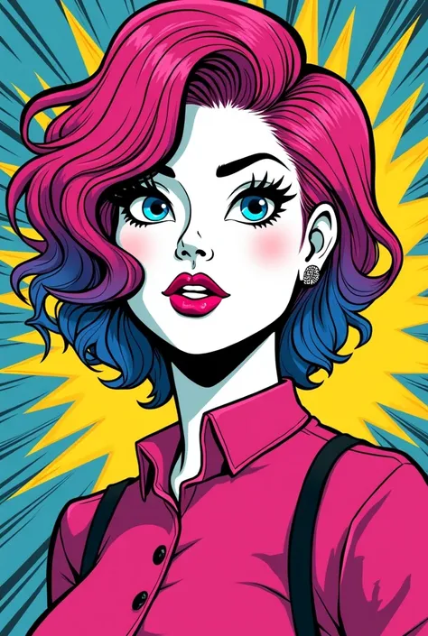 A white woman with colored hair and blue eyes and pink clothes for a comic book 