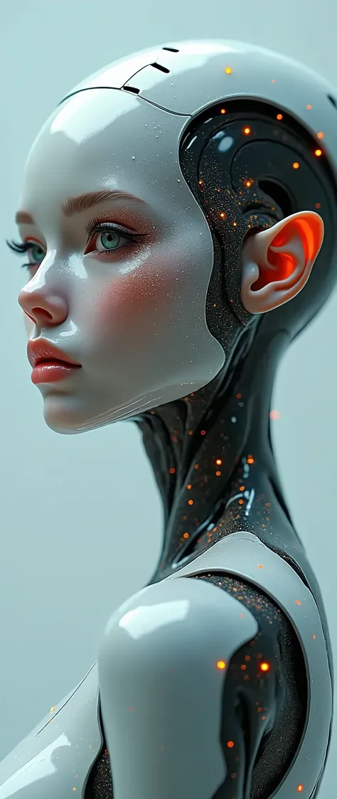 Glittery face, iridescent face, abstract ai model with elf ears, pretty, sexy, minimal, sleek, slender, asian, elegant, chic, futuristic, retro, sophisticated, (half human half machine), 
