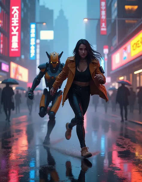 Sela and the humanoid robot sprint through the bustling streets of Neo-Arcadia, the rain pouring harder as the neon lights of the city blur into vibrant streaks around them. The crowd is thick, with pedestrians wrapped in glowing umbrellas and holographic ...