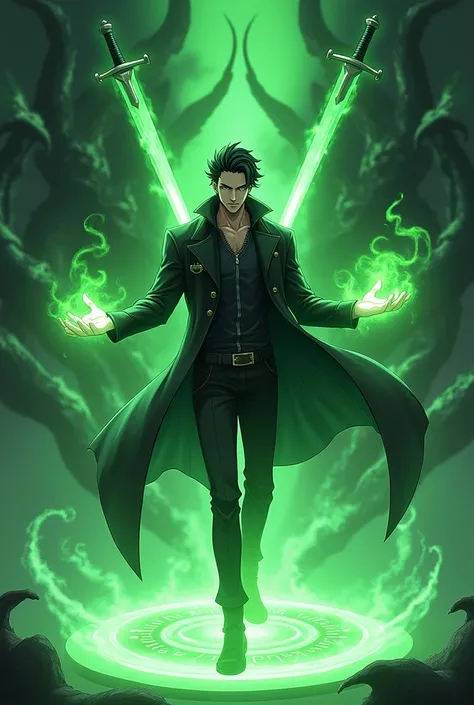 Anime, adult handsome man, black hair, brown iris eyes, leather black jacket, green magic light around his hands, ((two swords fly and swirl around him)), green magic circle on the floor, him in the center of the circle, several monstrous shadow behind him...