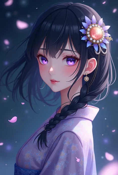 Anime Teenage girl, purple eyes, black hair color, floating hair, delicate and flexible eyes, galaxy Japanese kimono intricate damask hanfu, gorgeous accessories, wearing pearl earrings, masterpiece, dark sky, flower petals flying, front portrait shot, Cha...