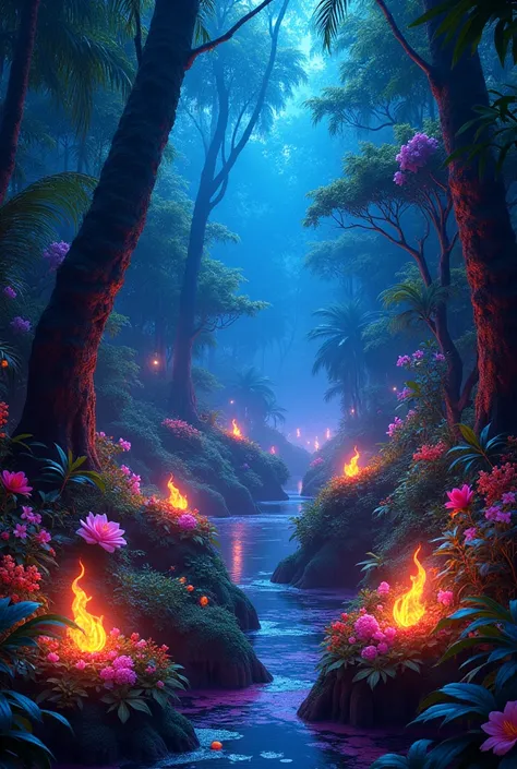 A beautiful, vibrant tropical neon rainforest, glowing plants and foliage, bioluminescent fauna, roses, plants,  dancing flames, mystical atmosphere, highly detailed, vibrant colors, photorealistic landscape, high quality, ultra-detailed, 4K