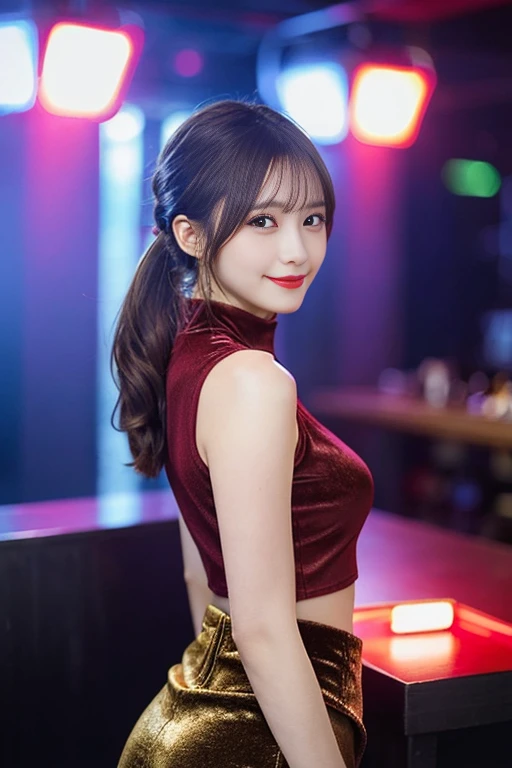 1 girl in nightclub, (8k), (Photorealsitic:1.5), Raw photography, (Top image quality:1.4), (sharp focus:1.5),  (PurerosFace_v1:0.5), top-quality, ​masterpiece, high resolution, Soft lighting, slender, pretty woman:1.4, (natural smile), in the nightclub, St...