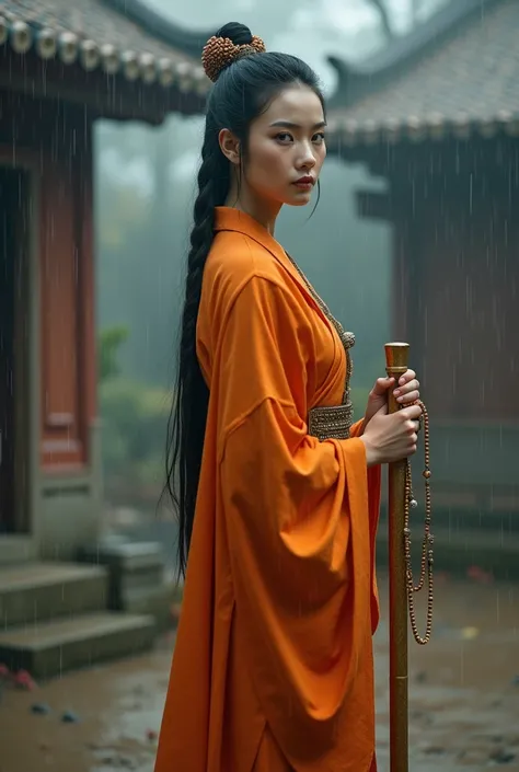 ((Top quality)), ((masterpiece)), (detailed), 1woman, (Smile), extremely delicate and beautiful,(Beautiful and detailed eyes description),((delicated face)), Woman is wearing a traditional orange Buddhist robe, (Full body), black hair, double bun,double br...