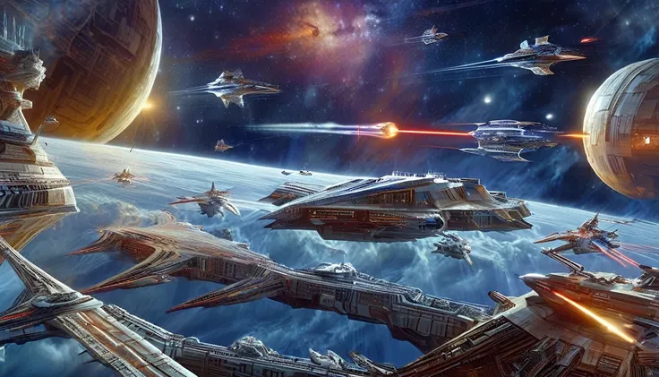 Space ships, star wars, space ship battle, Galactic wars,  spatial warfare, laser shots, planet destruction 