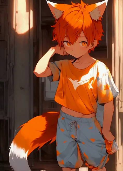 Orange hair, boy, white highlights on ends of hair, fox tail, orange tail, baggy shirt, underwear, boy,  