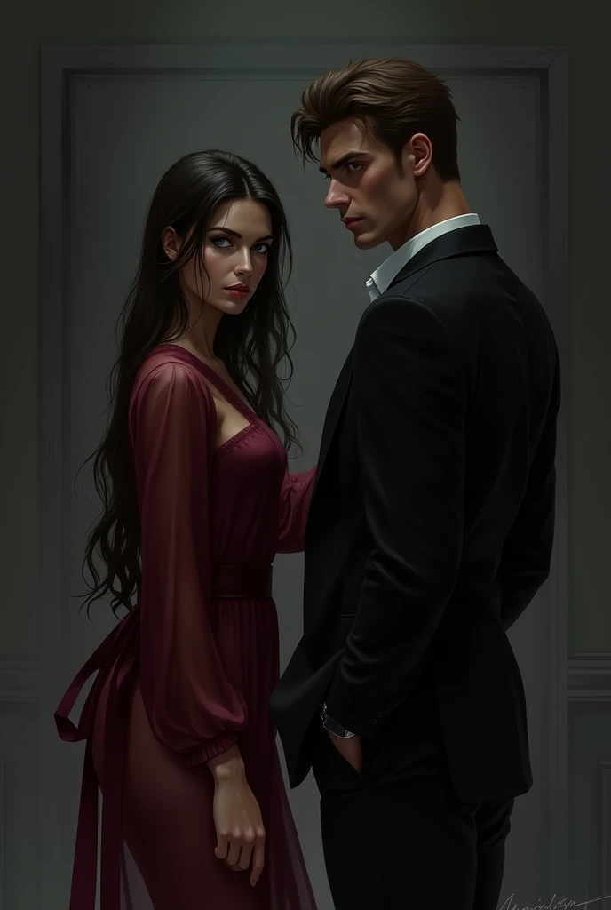 Make me a picture that looks real and dark look where there are two people in a dark room there is a 2 girl looking forward she is wearing a transparent wine red cow the robe is closed it is closed with a knot she has the robe closed and the robe is long b...