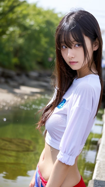 Angry girl in wet clothes, wet shirt 、 slim Japanese idol