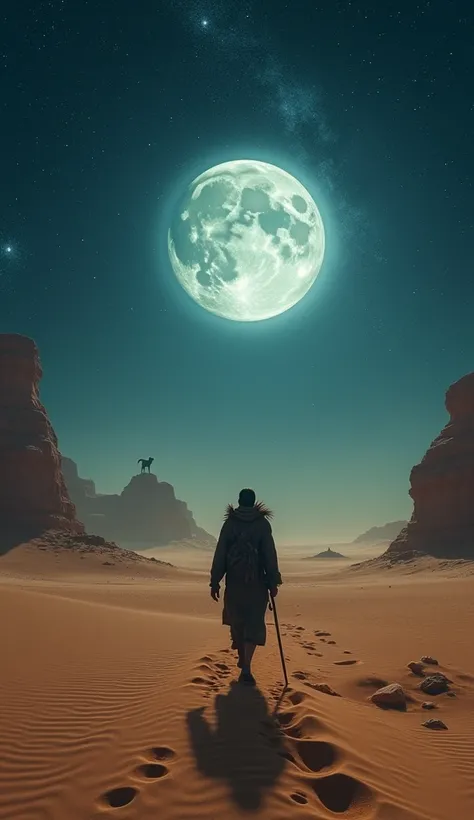 A lonely figure crossing a desert under the moonlight, with Anubis guiding his way from a distance.