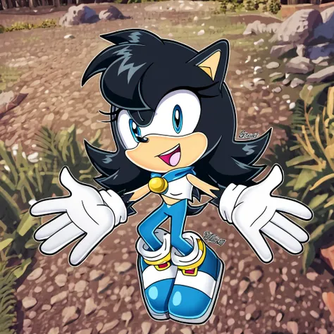 Scoring_9, Scoring_8_above, Scoring_7_above, ((masterpiece)), high quality, quality studio, 1 , female, mobian, ((hedgehog)), 1 , Alone, forest background, Black hair, long hair, blue irises, hair fringe, beautiful young venomized woman, long straight hair...