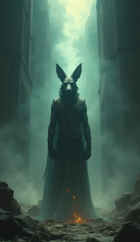 Floating souls arriving at the realm of Anubis, with the god waiting for them, surrounded by a dark and mystical atmosphere