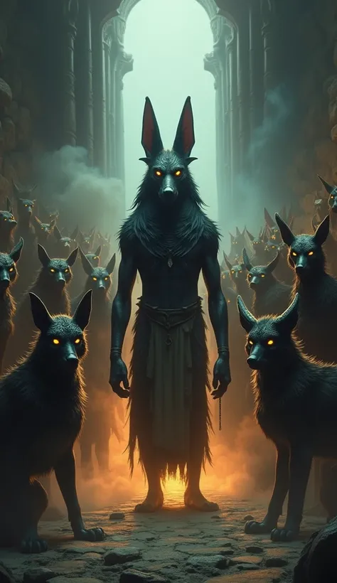 Anubis surrounded by mythical creatures guarding the entrance to the underworld, with bright eyes lurking in the gloom.