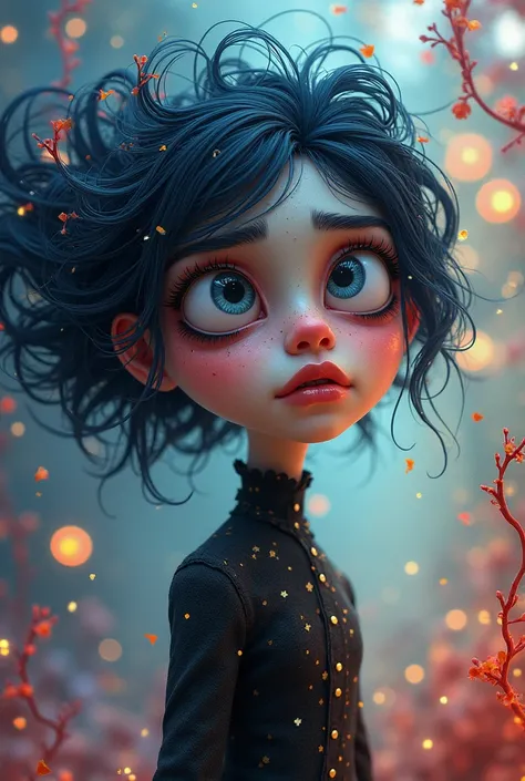 Create a character(( woman)) stylized from ((Inside Out movie anxiety))Tim Burton Style,(best quality, 4K, 8k, High resolution, masterpiece: 1.2), ultra detailed, HDR, Ultra HD, studio lighting, ultra-fine paint, sharp focus, Physically Based Rendering, re...