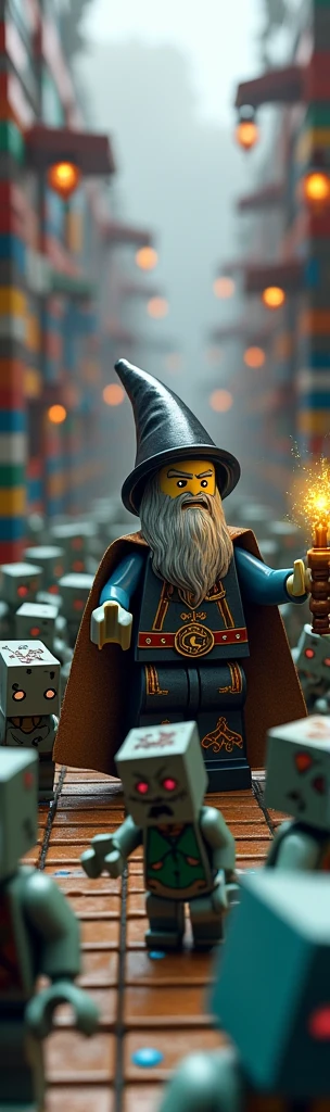 A medieval wizard in a lego world fighting Minecraft zombies 