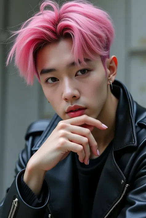 Handsome fit Korean boy with his hair dyed pink, he has a lip piercing and he is wearing a leather jacket his eyes is sharp and he has long lashes full brows and full lips he is a 19year old Korean boy, let him have a clean shave and look like jungkook fro...