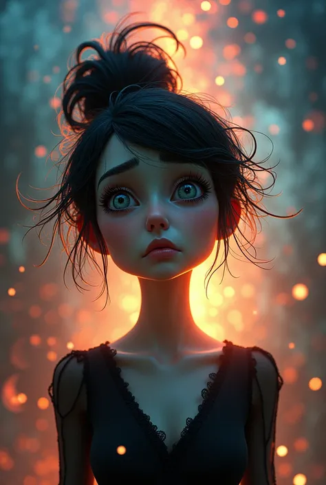 Create a character(( woman))((black hair with a messy bun))stylized from ((Inside Out movie anxiety))Tim Burton Style,(best quality, 4K, 8k, High resolution, masterpiece: 1.2), ultra detailed, HDR, Ultra HD, studio lighting, ultra-fine paint, sharp focus, ...