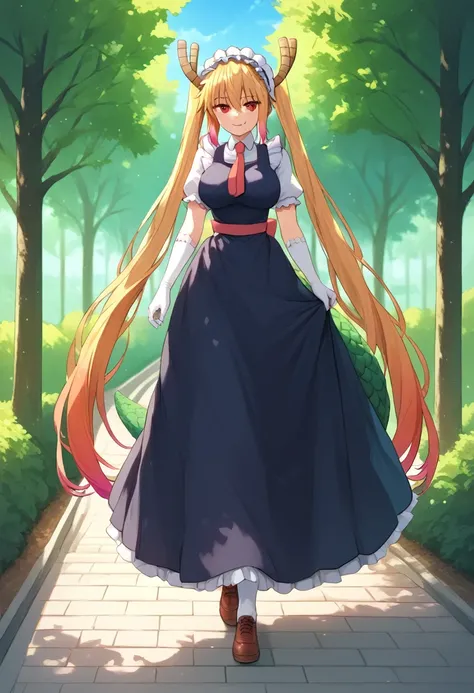 (masterpiece), (Best quality), (Very detailed), (high resolution), (8Khighres), (cel anime), (detailed beautiful face and eyes), (textile shading), (full body), (Park), tohru, long hair, bangs, blonde hair, hair between eyes, twintails, very long hair, mul...