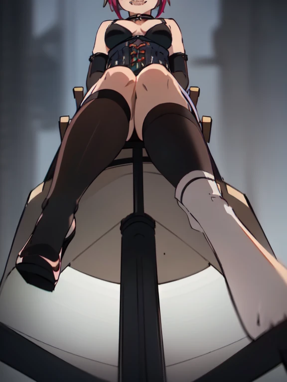 ((Best Quality)), ((masterpiece)), (detailed), prison, One person, femdom, dominatrix, ((looking at viewer)), ((bare shoulders)), ((black bustier)), ((black stockings)), ((black g-string)), ((black high heels)), ((Black garter belt)), ((black elbow gloves)...