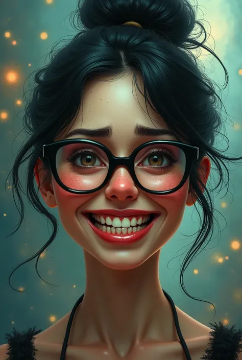 a mature woman with messy black bun hair,anxious character from inside out,tim burton art style,large smiling mouth showing teeth,glasses,freckles,best quality,4k,8k,highres,masterpiece:1.2,ultra-detailed,HDR,UHD,studio lighting,ultra-fine painting,sharp f...