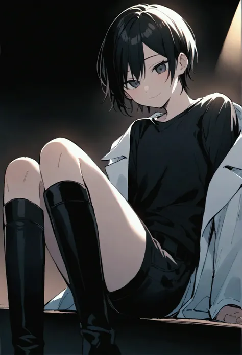 Sitting with legs crossed, The subject is、He is wearing a research lab coat over a black shirt.、He is stylishly dressed、Wearing knee-high boots.。. That person has been, Straight black hair.。. The dark background creates a dramatic and focused atmosphere., ...