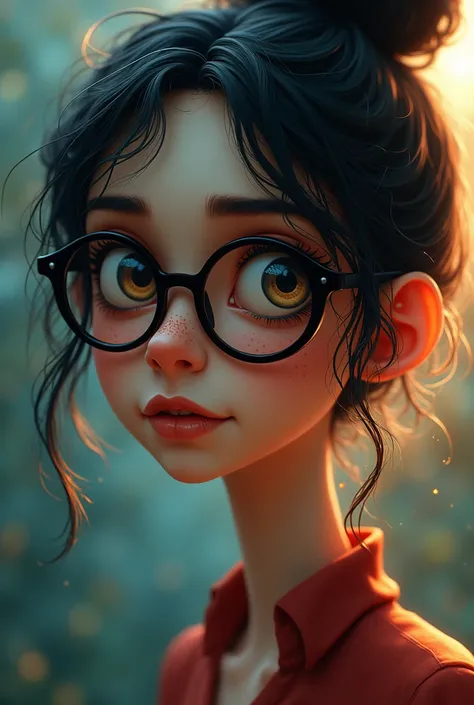 a mature woman with messy black bun hair,anxious character,((from inside out movie)tim burton art style,soft smiling mouth showing teeth,glasses,freckles,(best quality,4k,8k,highres,masterpiece:1.2),ultra-detailed,(realistic,photorealistic,photo-realistic:...