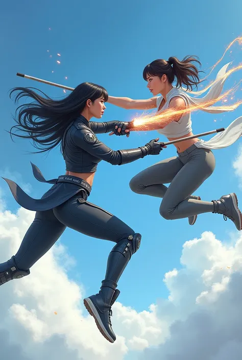 Two women in tech clothes,Combat clothes, weapons in hand  beating each other, fighting in the sky, Cartoon style, oil style, Manhwa style