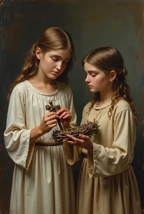 Create a painting of two girls. One holding the nails used in Jesus’ crusifiction and the other girl holding the crown of thorns