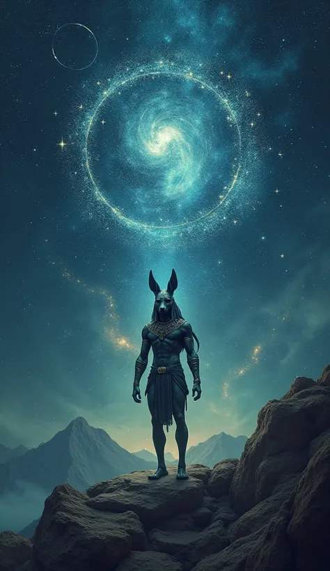 : A celestial view of Anubis ascending between constellations, with stars that seem to whisper ancient secrets