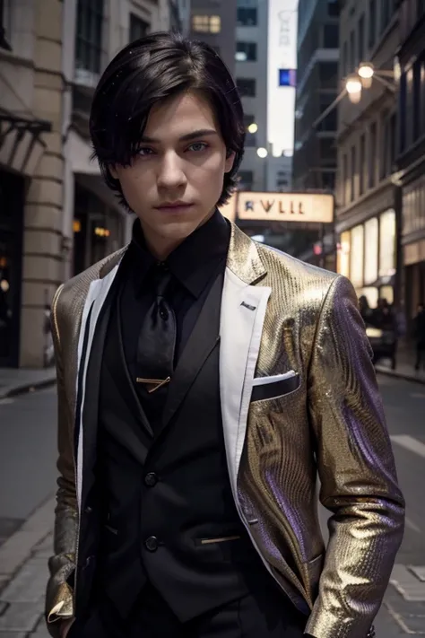 1 boy Solo, High resolution, looking at the viewer, Short hair, purple eyes,black hair, jewelry, Violet eyes, sexy, Black suit, with gold and white or violet details 