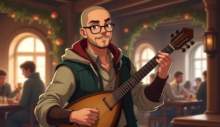 a human bard, man and adventurer in a tavern playing his lute, shaved hair, no beard, wearing glasses, brown eyes, anime