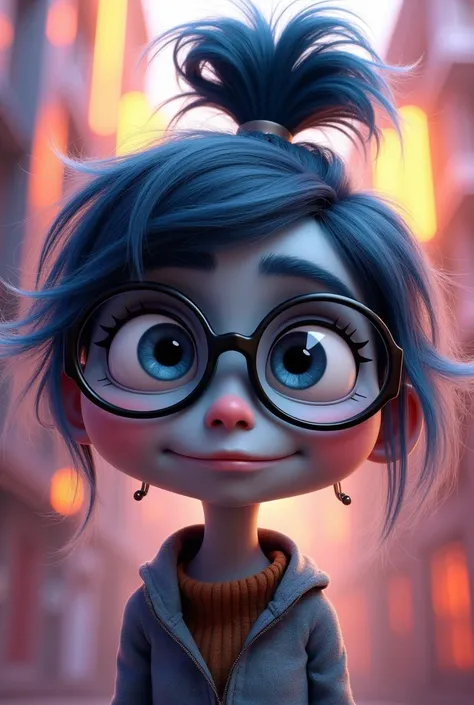 Create a stylized character ((Gray woman)) The ((ansiedaThe do filme Divertida Mente))Tim Burton Style,messy hair with a little ponytail sticking up,wearing glasses,sorriso soft mostrando os Thentes(melhor qualidaThe, 4K, 8k, High resolution, masterpiece: ...