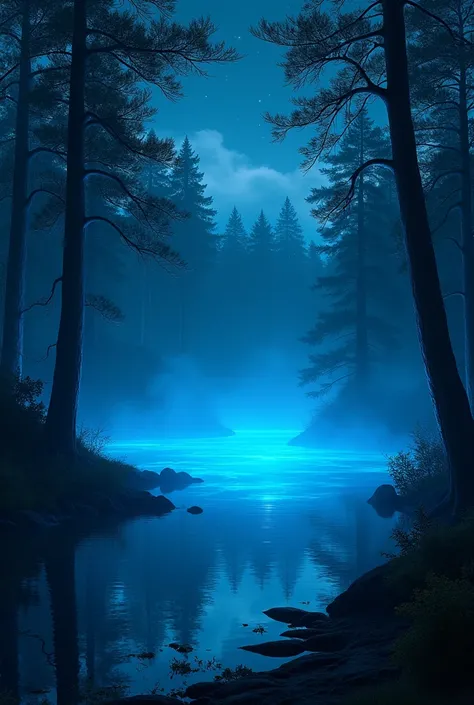 Neon blue lake at night between forest